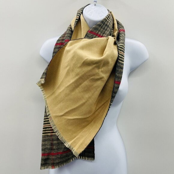 Top It Off Womens One Size Reversible Plaid & Solid Fringe Scarf Viscose 1390 - Picture 3 of 5